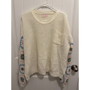 Pink Lily Women's Oversize Sweater With Colorful Crochet Sleeves Size Medium